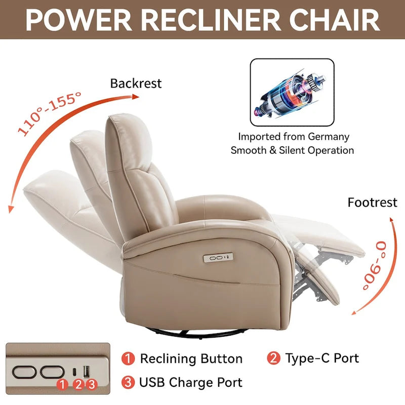 Fauteuil inclinable électrique en cuir véritable bleu avec fonction pivotante et port de chargement USB