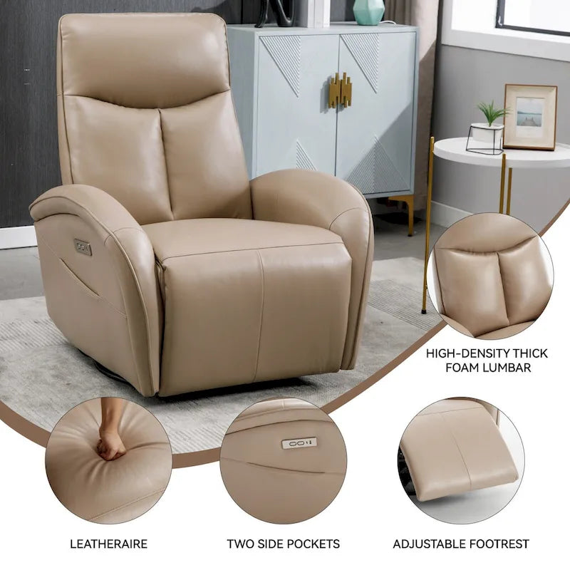 Fauteuil inclinable électrique en cuir véritable bleu avec fonction pivotante et port de chargement USB