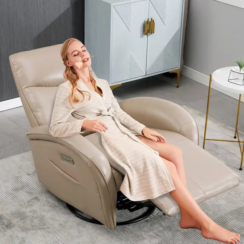 Fauteuil inclinable électrique en cuir véritable bleu avec fonction pivotante et port de chargement USB