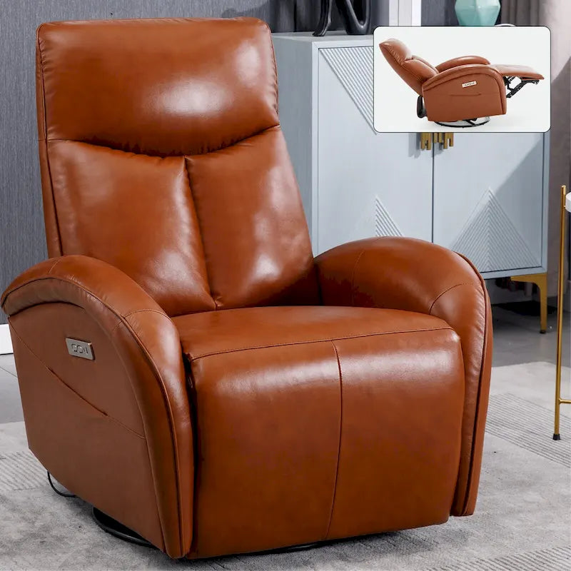 Fauteuil inclinable électrique en cuir véritable bleu avec fonction pivotante et port de chargement USB