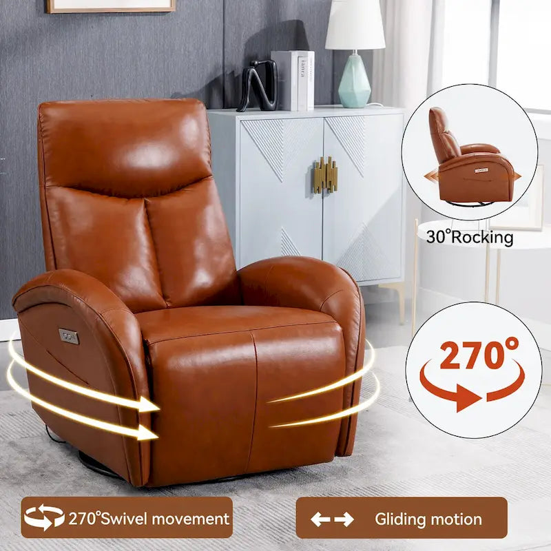 Fauteuil inclinable électrique en cuir véritable bleu avec fonction pivotante et port de chargement USB