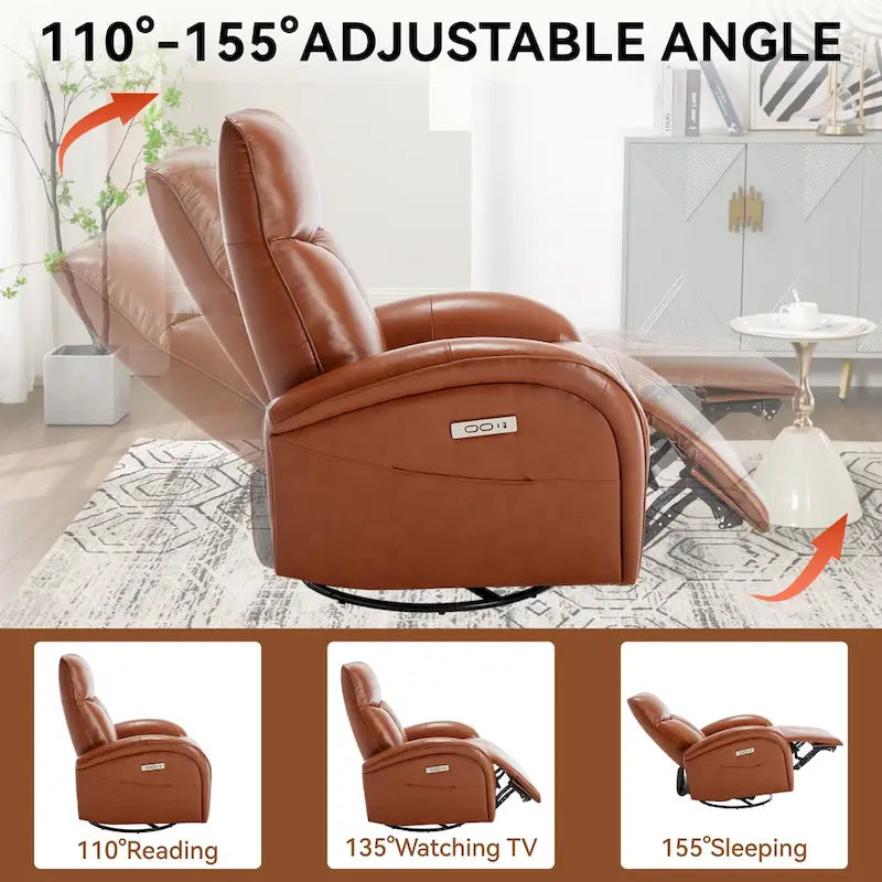 Fauteuil inclinable électrique en cuir véritable bleu avec fonction pivotante et port de chargement USB
