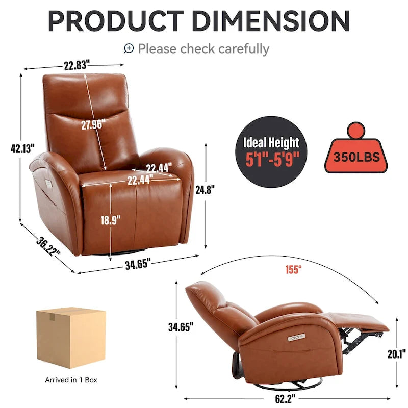 Fauteuil inclinable électrique en cuir véritable bleu avec fonction pivotante et port de chargement USB