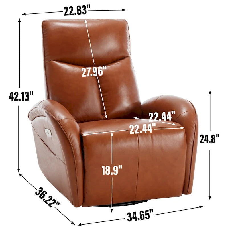 Fauteuil inclinable électrique en cuir véritable bleu avec fonction pivotante et port de chargement USB