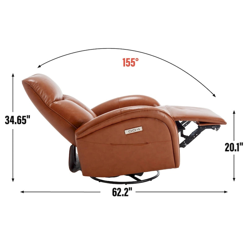 Fauteuil inclinable électrique en cuir véritable bleu avec fonction pivotante et port de chargement USB