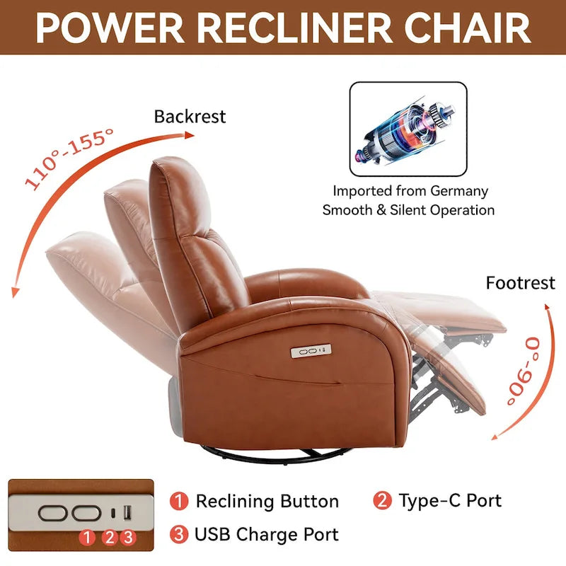 Fauteuil inclinable électrique en cuir véritable bleu avec fonction pivotante et port de chargement USB