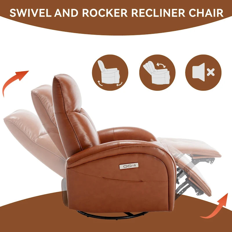 Fauteuil inclinable électrique en cuir véritable bleu avec fonction pivotante et port de chargement USB
