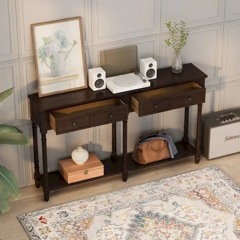 Console d'entrée avec deux tiroirs de rangement et une étagère inférieure