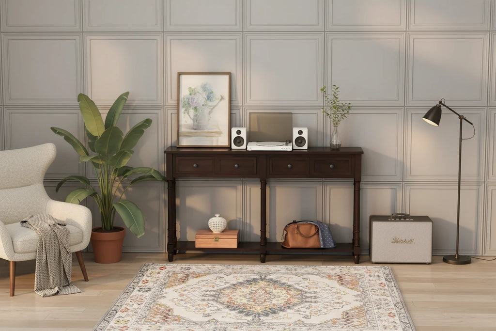 Console d'entrée avec deux tiroirs de rangement et une étagère inférieure