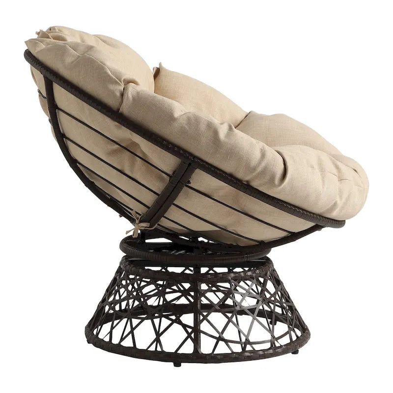 Fauteuil avec coussin rond crème et tressage en osier marron