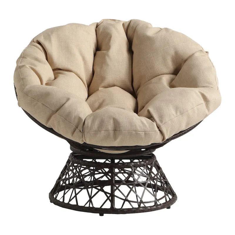 Fauteuil avec coussin rond crème et tressage en osier marron