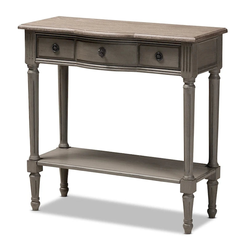 Console en bois 1 tiroir, finition gris campagne française