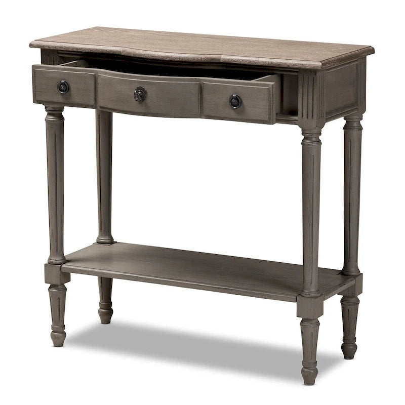 Console en bois 1 tiroir, finition gris campagne française