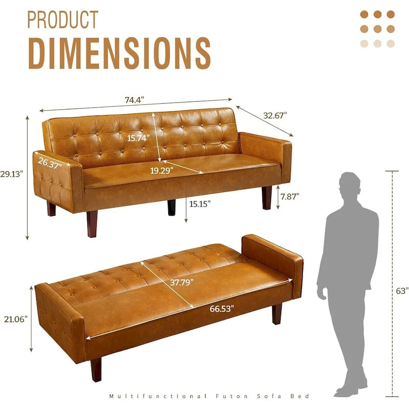 Canapé-lit convertible en similicuir pour salon, futon tapissé avec coutures touffetées, canapé-lit pour chambre à coucher