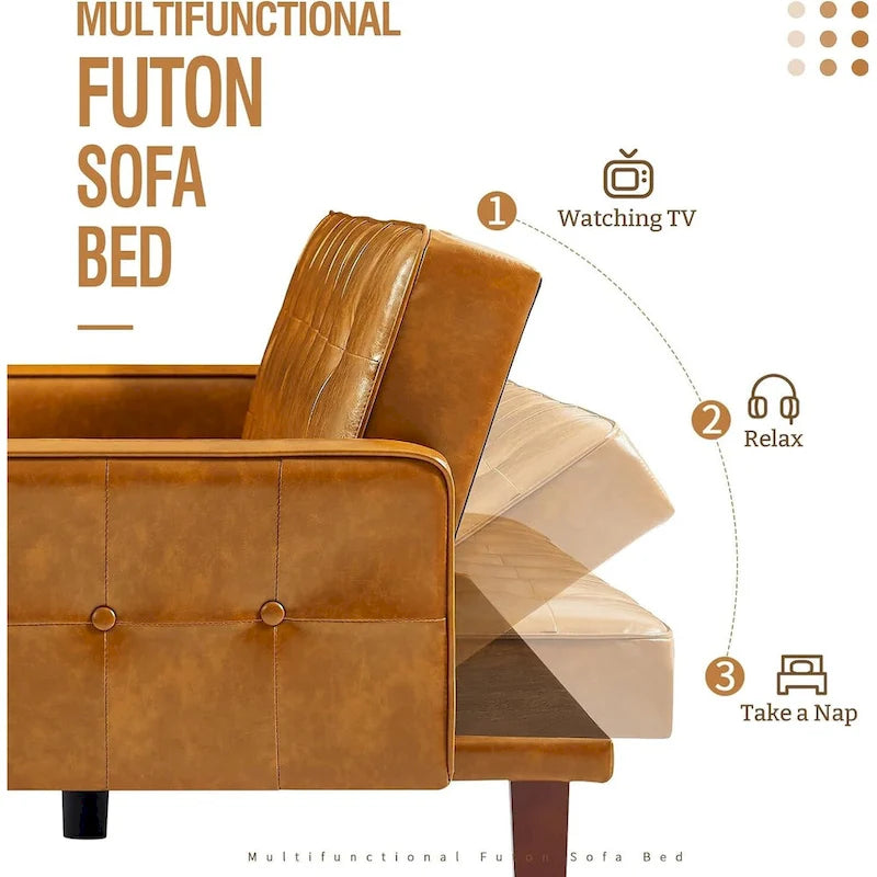 Canapé-lit convertible en similicuir pour salon, futon tapissé avec coutures touffetées, canapé-lit pour chambre à coucher