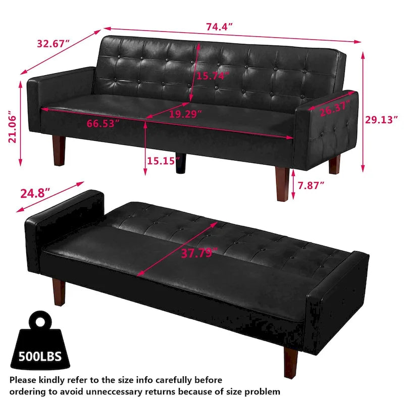 Canapé-lit convertible en similicuir pour salon, futon tapissé avec coutures touffetées, canapé-lit pour chambre à coucher