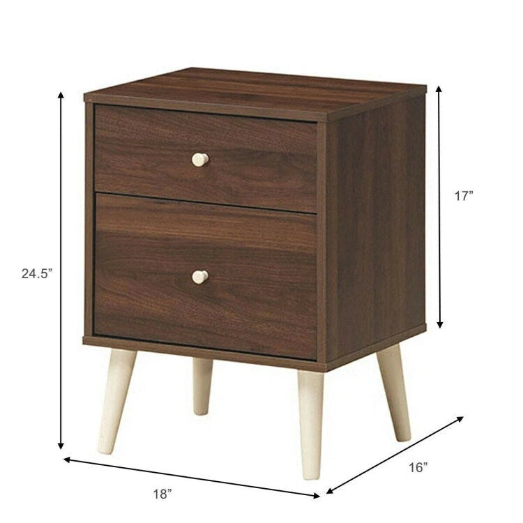 Table de chevet à 2 tiroirs avec pieds en caoutchouc - Noyer - 18 x 16 x 24,5 (L x l x H)