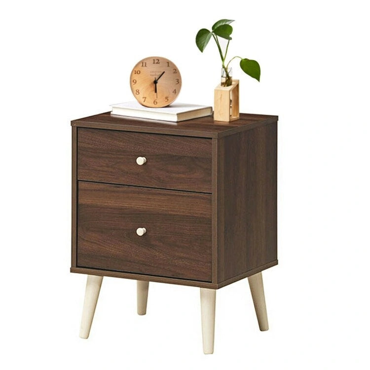 Table de chevet à 2 tiroirs avec pieds en caoutchouc - Noyer - 18 x 16 x 24,5 (L x l x H)