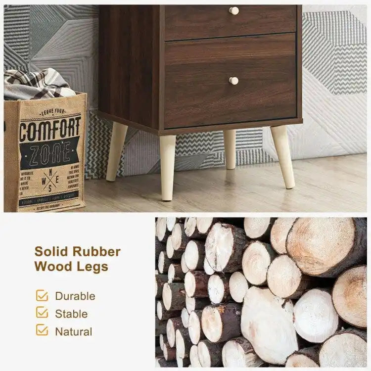 Table de chevet à 2 tiroirs avec pieds en caoutchouc - Noyer - 18 x 16 x 24,5 (L x l x H)