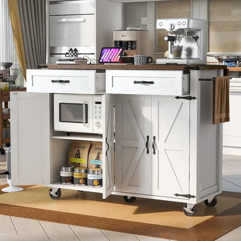 53,5 Îlot de cuisine de style campagnard avec prise de courant, abattant et rangement mobile
