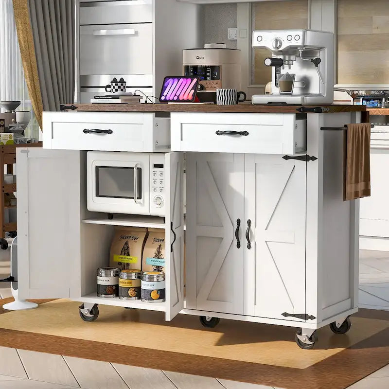 53,5 Îlot de cuisine de style campagnard avec prise de courant, abattant et rangement mobile