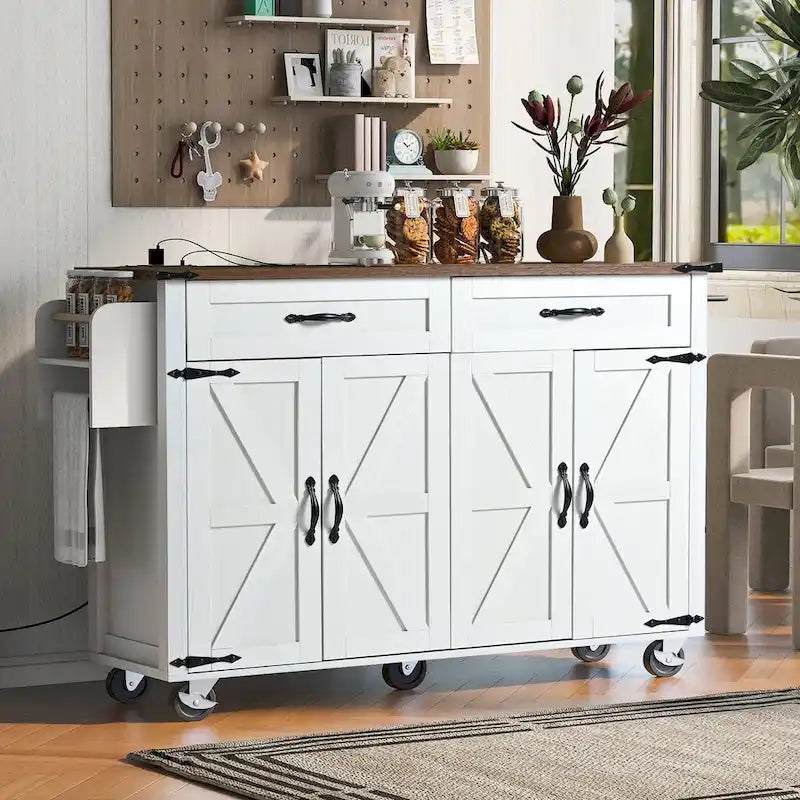 53,5 Îlot de cuisine de style campagnard avec prise de courant, abattant et rangement mobile