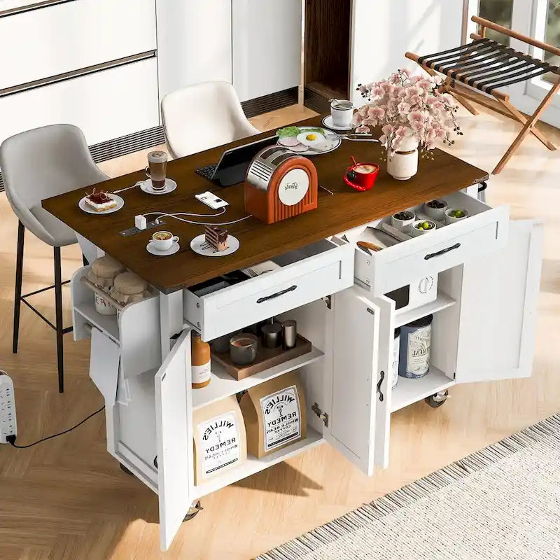 53,5 Îlot de cuisine de style campagnard avec prise de courant, abattant et rangement mobile