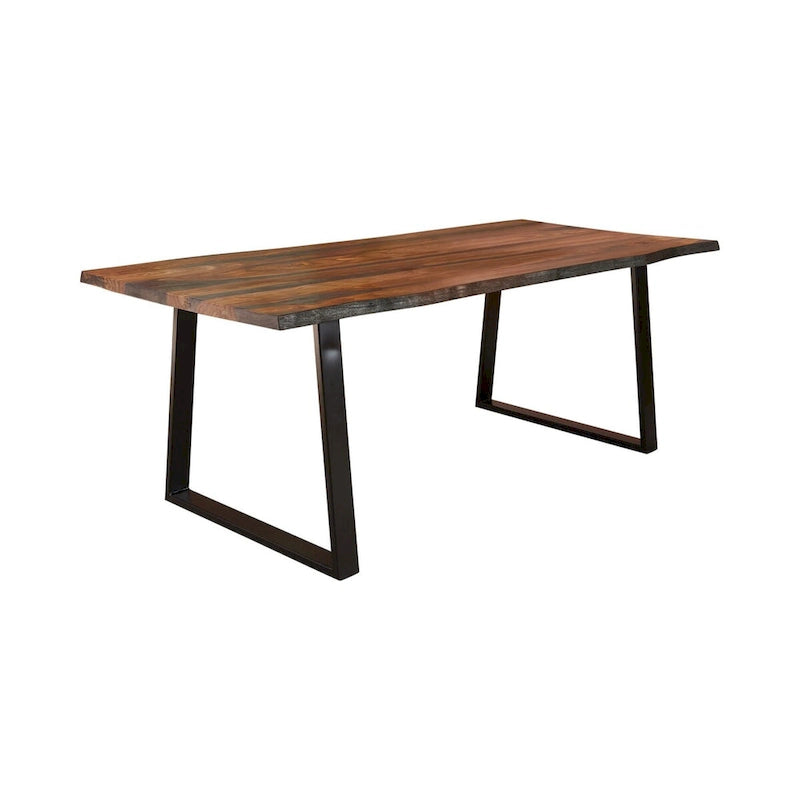 Table à manger rectangulaire de 80 pouces, bord vif, base en fer, brun châtaigne