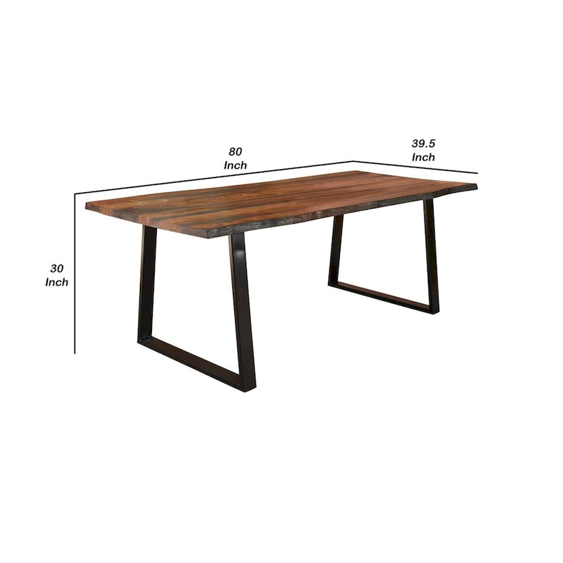Table à manger rectangulaire de 80 pouces, bord vif, base en fer, brun châtaigne