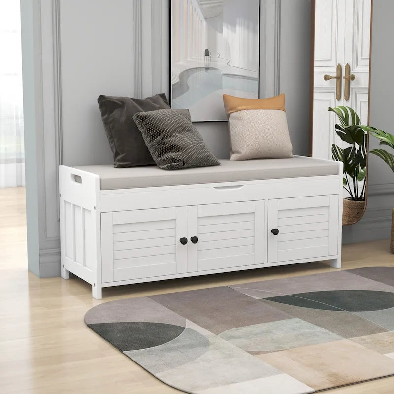 Banc à chaussures de rangement avec 3 portes à volets et coussin amovible