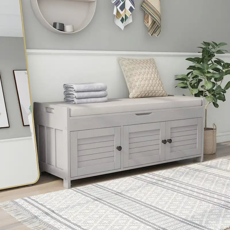 Banc à chaussures de rangement avec 3 portes à volets et coussin amovible