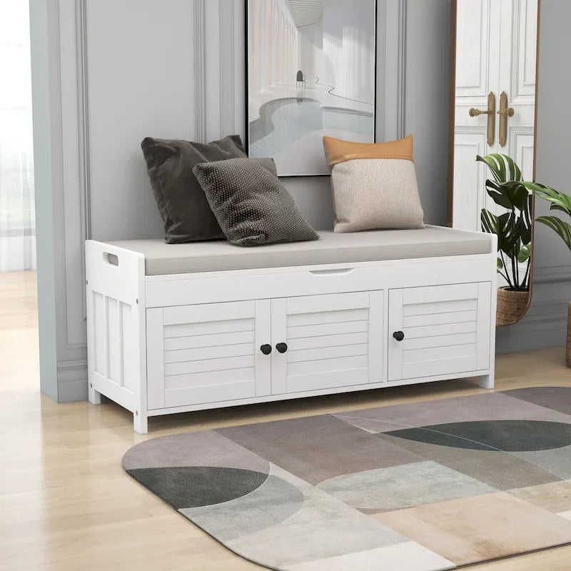 Banc à chaussures de rangement avec 3 portes à volets et coussin amovible