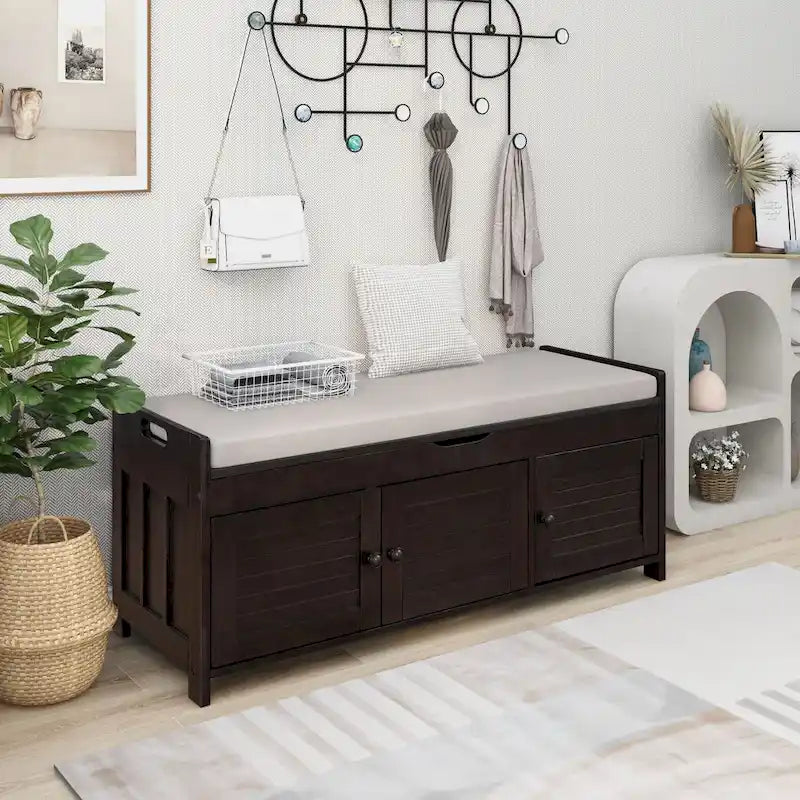 Banc à chaussures de rangement avec 3 portes à volets et coussin amovible