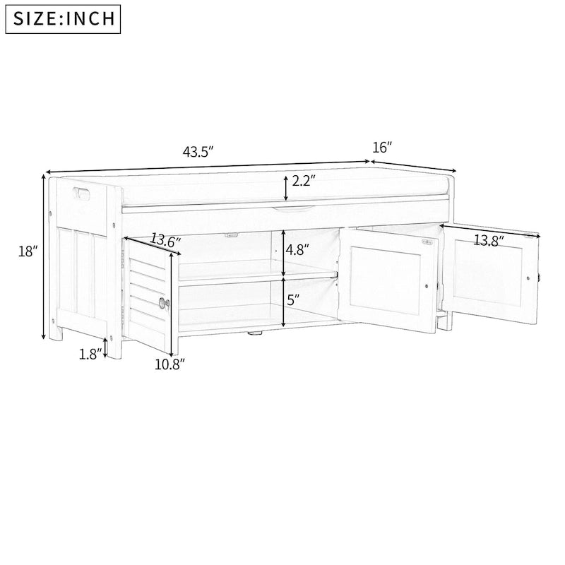 Banc à chaussures de rangement avec 3 portes à volets et coussin amovible