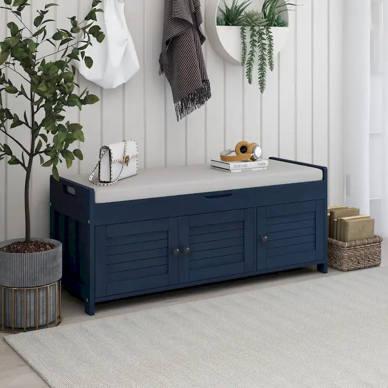 Banc à chaussures de rangement avec 3 portes à volets et coussin amovible