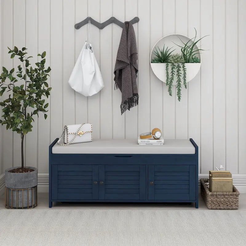 Banc à chaussures de rangement avec 3 portes à volets et coussin amovible