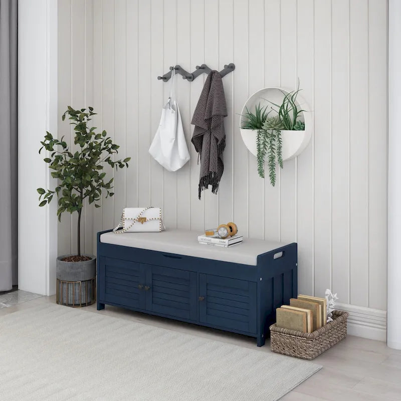 Banc à chaussures de rangement avec 3 portes à volets et coussin amovible