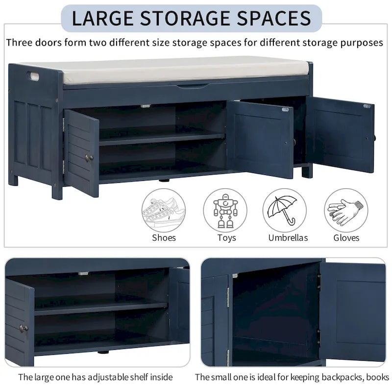 Banc à chaussures de rangement avec 3 portes à volets et coussin amovible