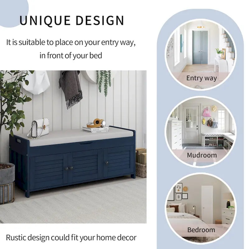 Banc à chaussures de rangement avec 3 portes à volets et coussin amovible