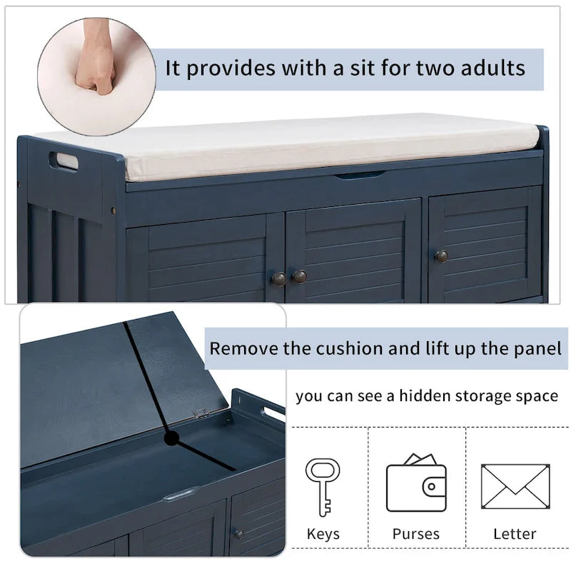Banc à chaussures de rangement avec 3 portes à volets et coussin amovible