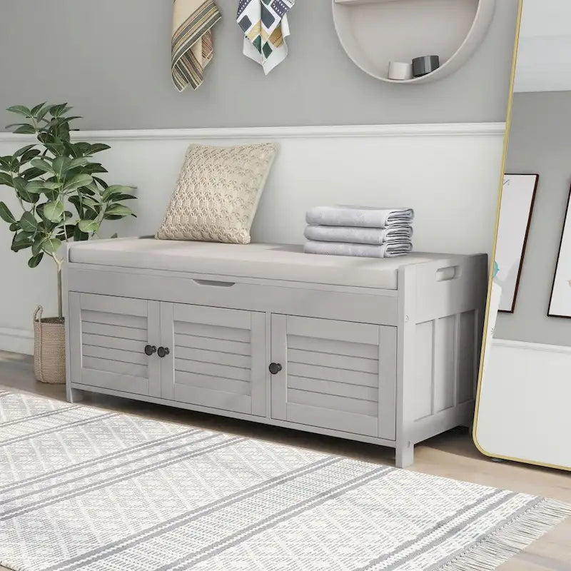 Banc à chaussures de rangement avec 3 portes à volets et coussin amovible