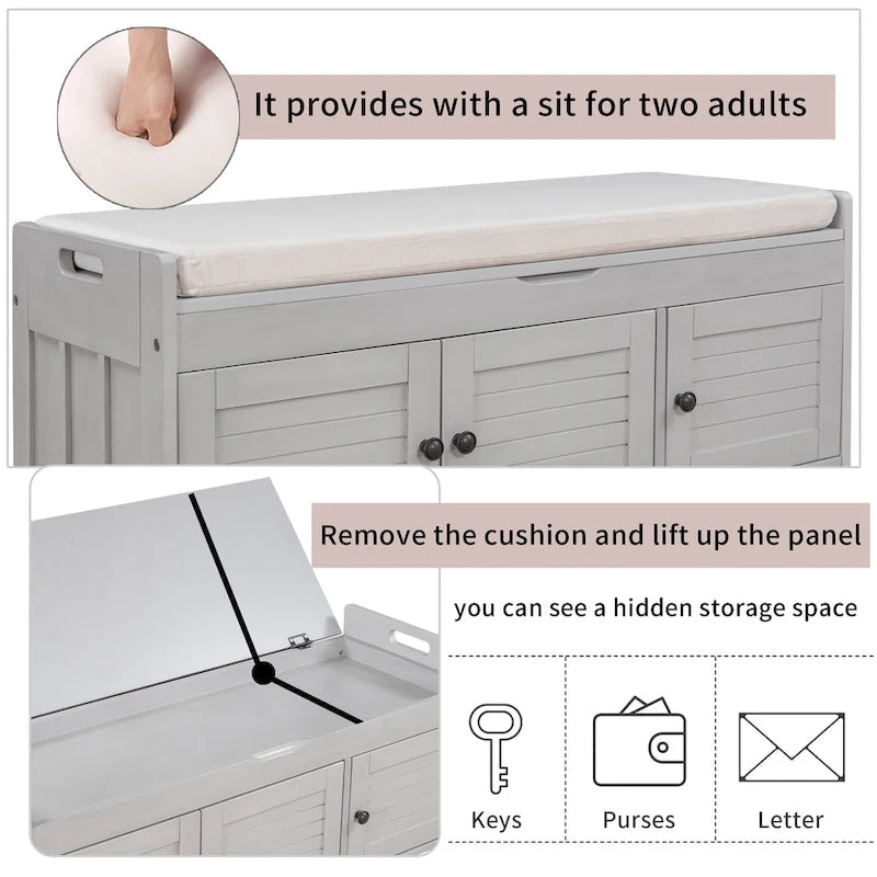 Banc à chaussures de rangement avec 3 portes à volets et coussin amovible