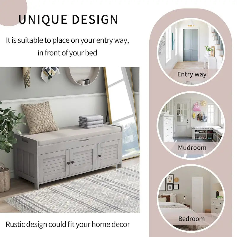 Banc à chaussures de rangement avec 3 portes à volets et coussin amovible