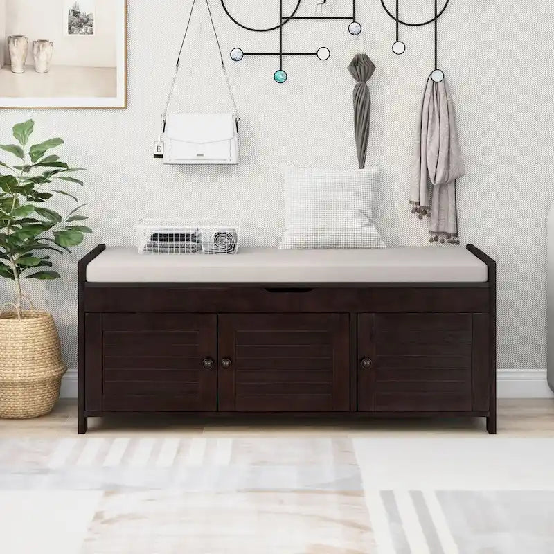 Banc à chaussures de rangement avec 3 portes à volets et coussin amovible