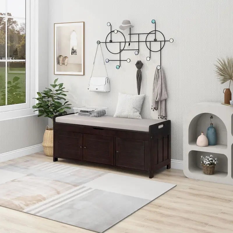 Banc à chaussures de rangement avec 3 portes à volets et coussin amovible