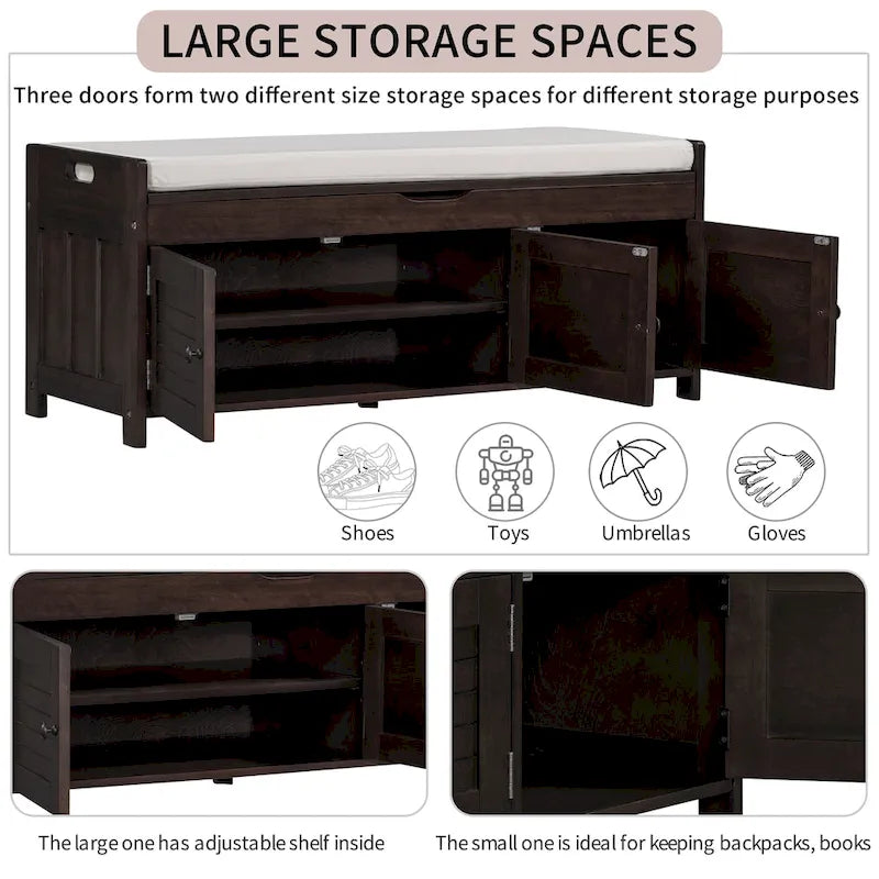Banc à chaussures de rangement avec 3 portes à volets et coussin amovible
