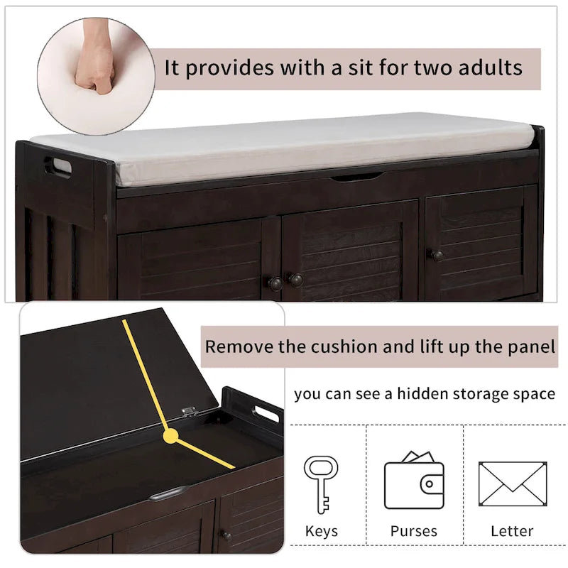 Banc à chaussures de rangement avec 3 portes à volets et coussin amovible