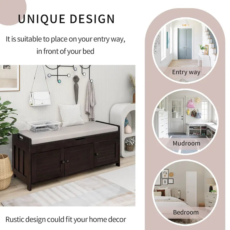 Banc à chaussures de rangement avec 3 portes à volets et coussin amovible