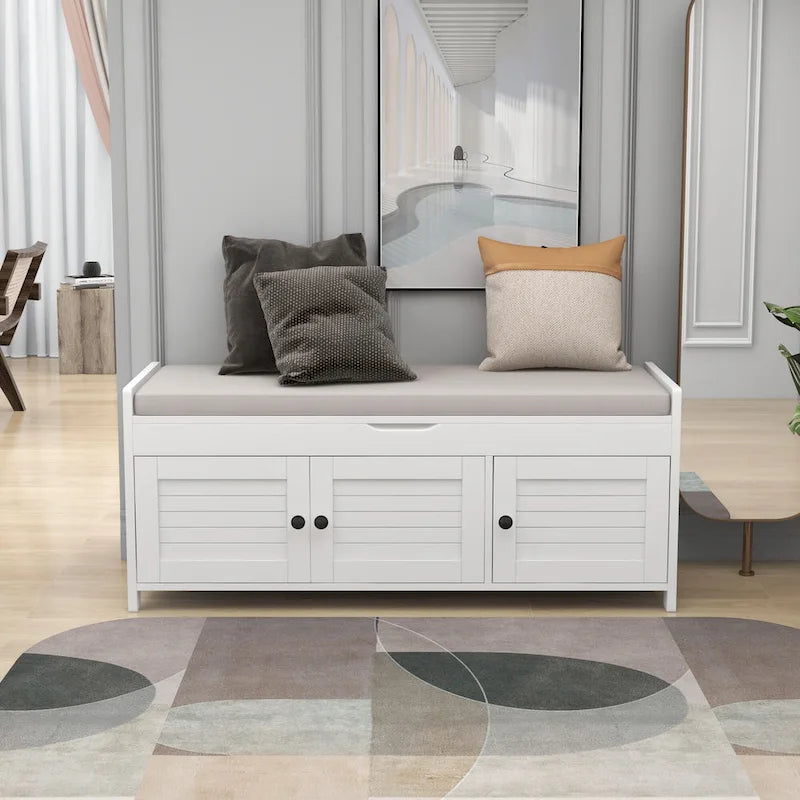 Banc à chaussures de rangement avec 3 portes à volets et coussin amovible