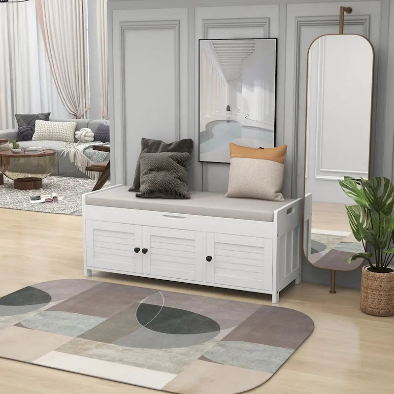 Banc à chaussures de rangement avec 3 portes à volets et coussin amovible